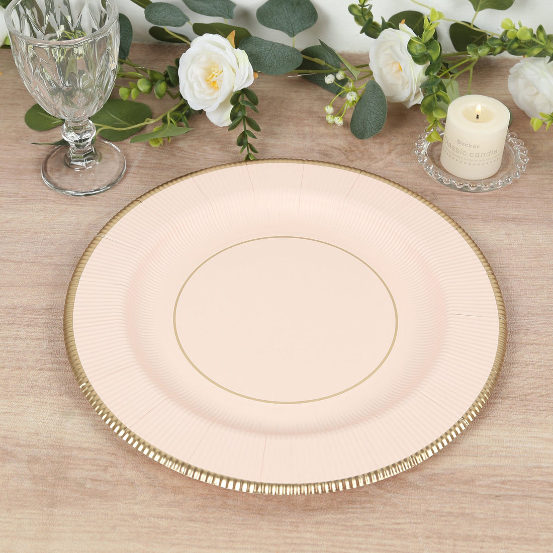 25-Pack Disposable Round Charger Plates 13inch Blush Sunray Design with Gold Rim
