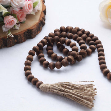 Brown Farmhouse Country Wood Bead Hanging Garland With Tassels, Rustic Boho Chic Wood Beaded Chain 55"