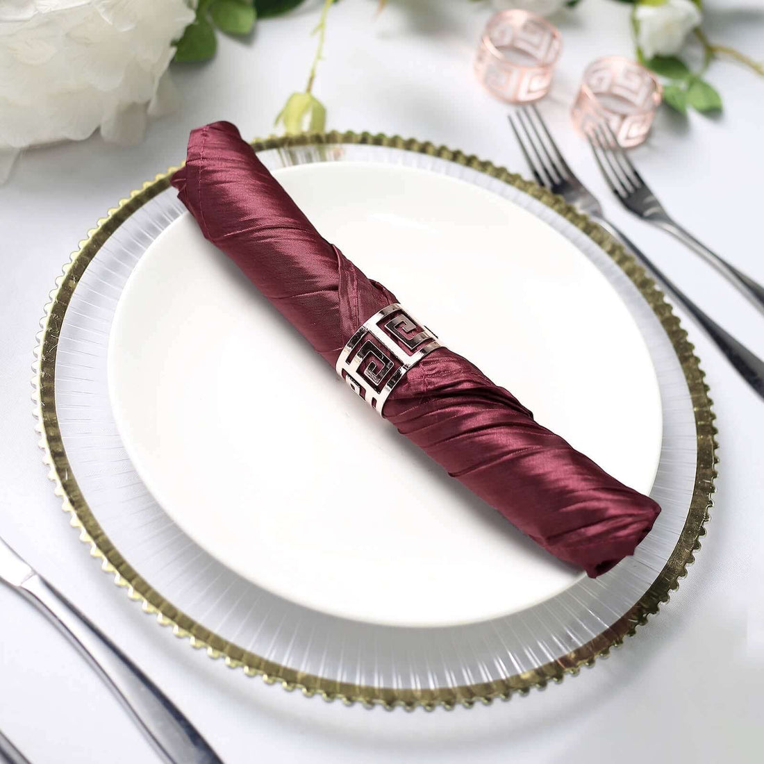 20 Inch x 20 Inch Burgundy Accordion Crinkle Taffeta Cloth Dinner Napkins 5 Pack