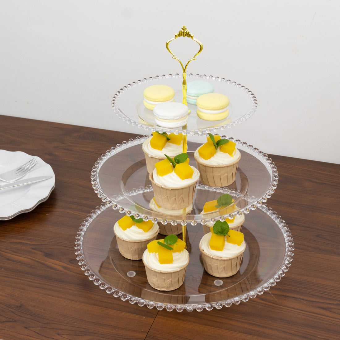 Clear 3-Tier Round Plastic Cupcake Tower Stand with Beaded Rim, Dessert Display