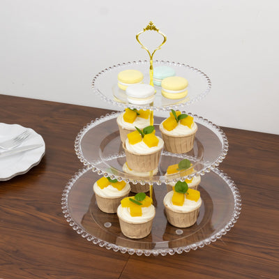 Clear 3-Tier Round Plastic Cupcake Tower Stand with Beaded Rim, Dessert Display Tea Party Serving Platter With Top Handle - 14" Tall