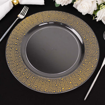 6 Pack Clear / Gold Pearl Beaded Plastic Wedding Charger Plates, Round Disposable Serving Plates With Dotted Rim 13"