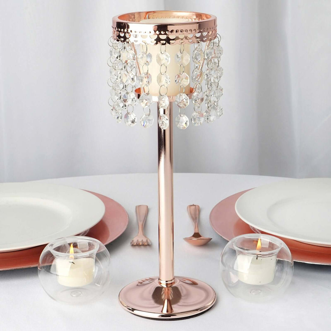 Blush/Rose Gold Crystal Beaded Chandelier Votive Pillar Candle Holder, Metal Tealight Candle Stand