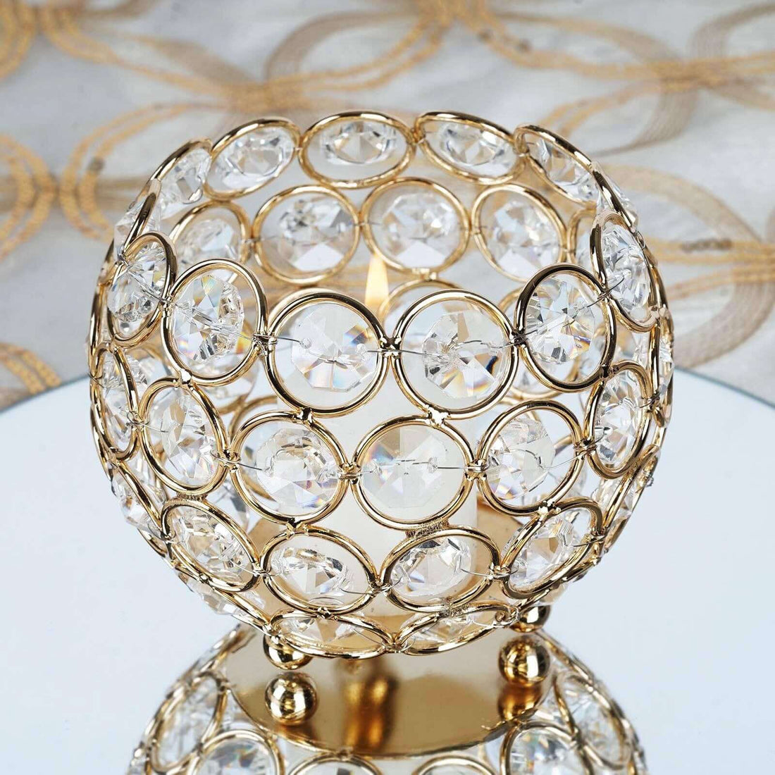 Gold Metal Round Votive Candle Holder With Crystal Beads 4 Inch