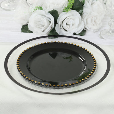 10-Pack Plastic Round Dinner Plates 10" Black with Gold Beaded Rim - Disposable Party Plates for Stylish Gatherings & Celebrations