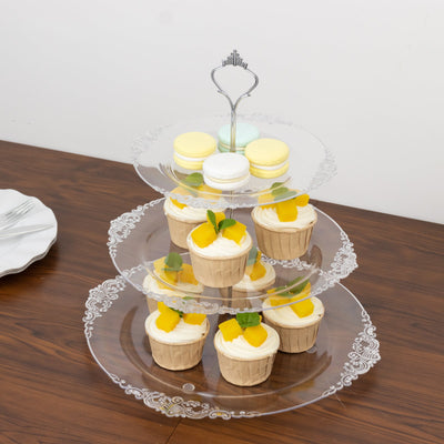 3-Tier Clear Plastic Cupcake Stand Holder with Silver Embossed Baroque Rim, Round Cake Dessert Display Stand Tiered Serving Tray with Top Handle - 13"