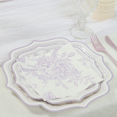 50 Pack 2-Ply Paper Cocktail Napkins in Matte Lavender and White French Toile Floral Pattern, Highly Absorbent Soft Disposable Beverage Napkins