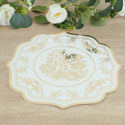 10 Pack Cardboard Paper Placemats with White Gold Damask Floral Pattern, 13" Round Disposable Table Mats with Scalloped Rim - 400 GSM
