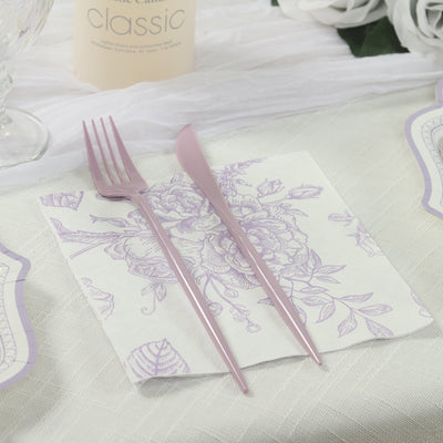 50 Pack 2-Ply Paper Cocktail Napkins in Matte Lavender and White French Toile Floral Pattern, Highly Absorbent Soft Disposable Beverage Napkins