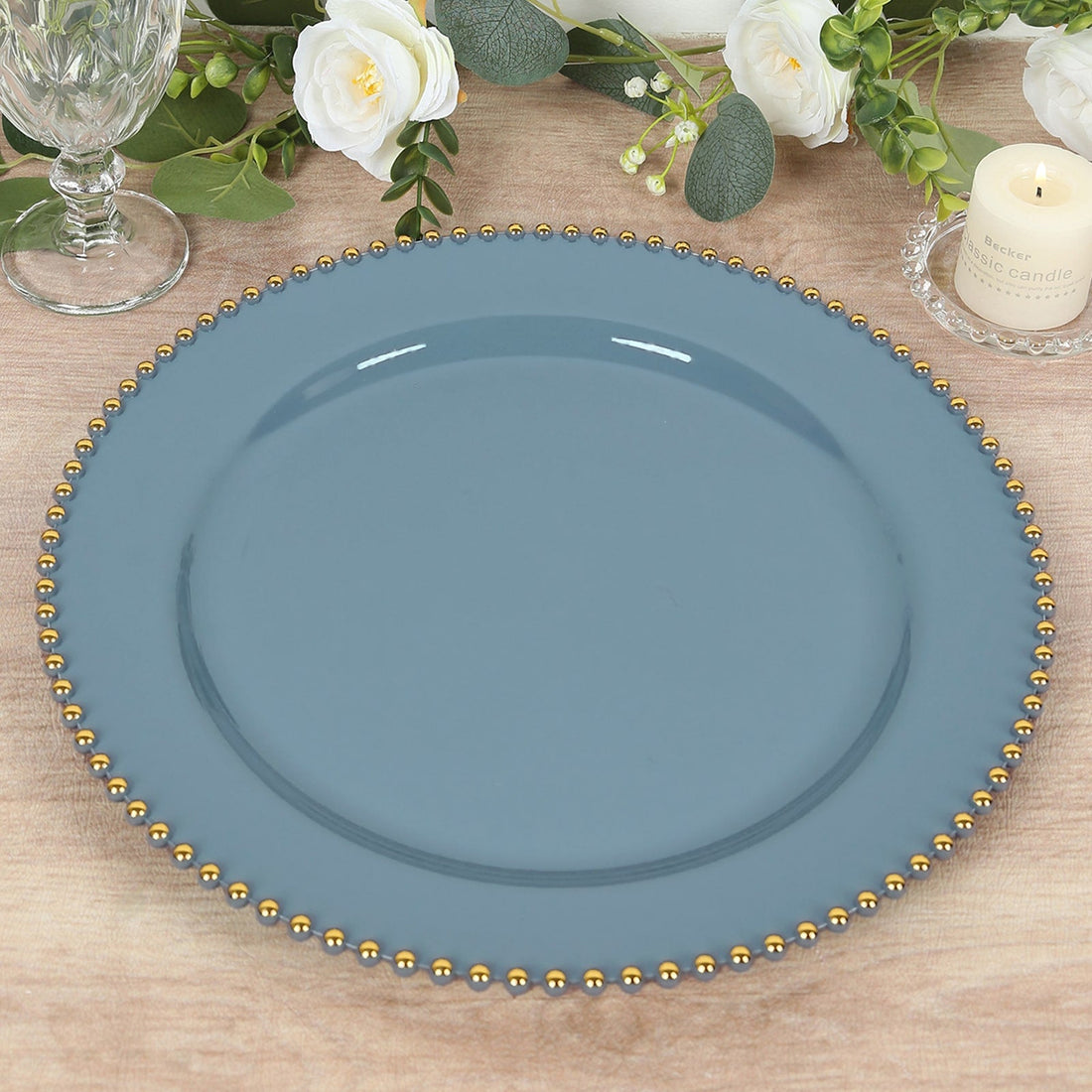 10-Pack Economy Plastic Charger Plates 13inch Round Dusty Blue with Gold Beaded Rim