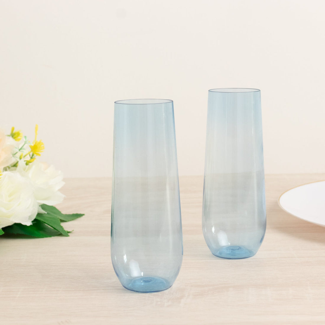 12 Pack Plastic Champagne Flutes in Transparent Blue, Reusable Lightweight Champagne Glass 9oz