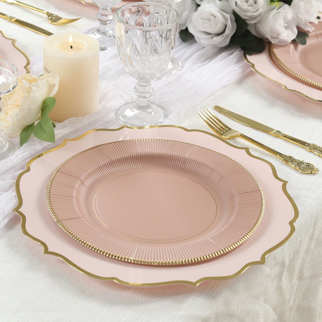 25-Pack Paper Round Dinner Plates 10inch Dusty Rose Sunray Design with Gold Rim - 350GSM Heavy Duty
