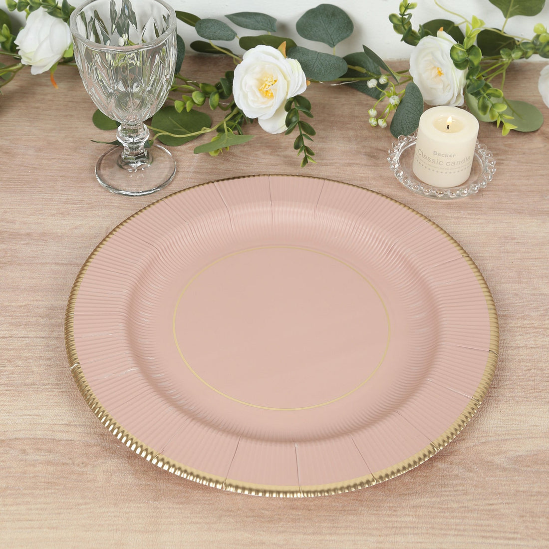 25-Pack Disposable Round Charger Plates 13inch Dusty Rose Sunray Design with Gold Rim
