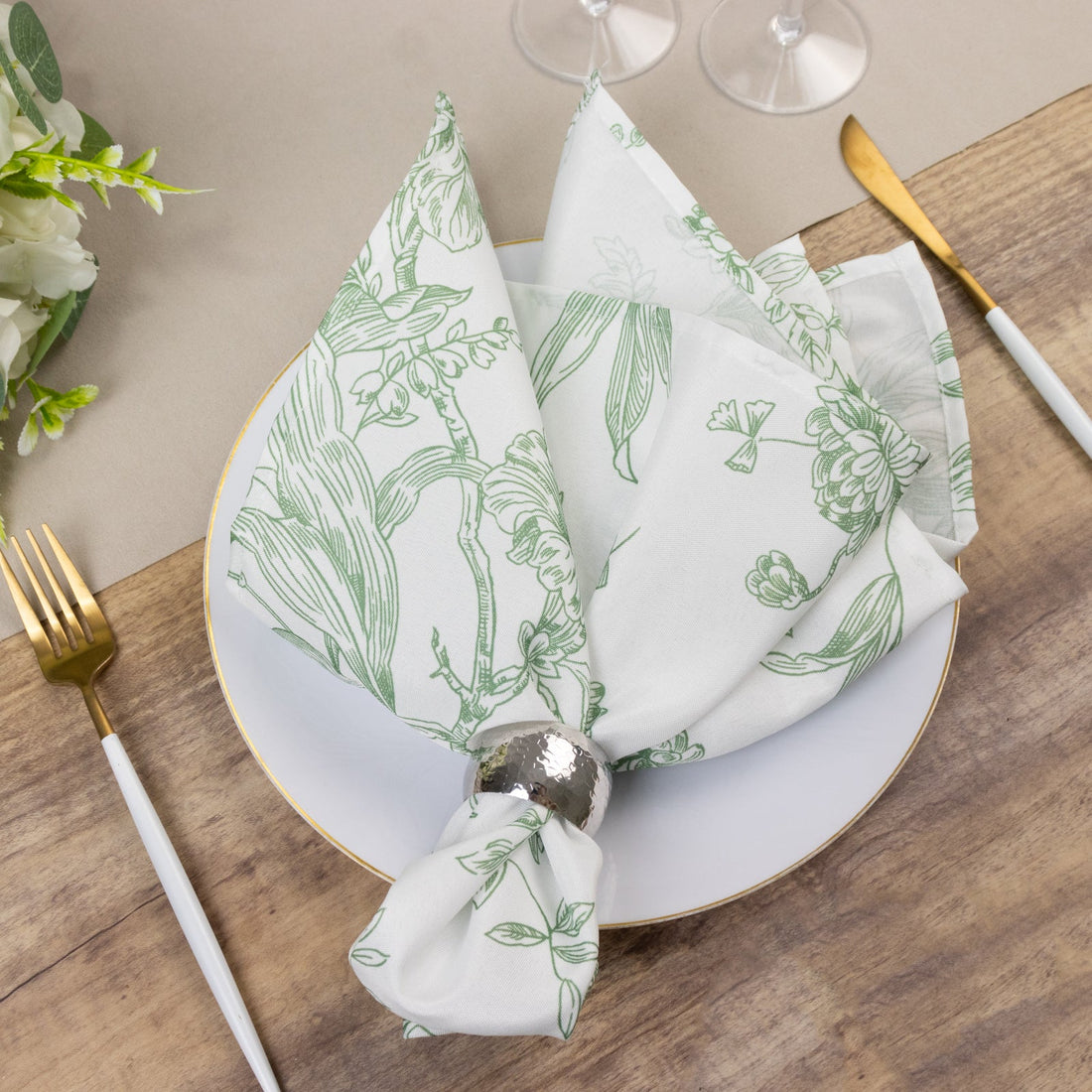 5 Pack Polyester Dinner Napkins 20x20inch White with Dusty Sage Green French Toile Pattern - Chic