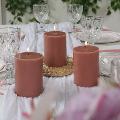 12-Pack Unscented Pillar Candles – Dripless 3"x4" Dusty Rose Paraffin Wax with Smokeless Cotton Wicks, Clean & Long-Lasting Burn for Weddings, Home & Event Decor