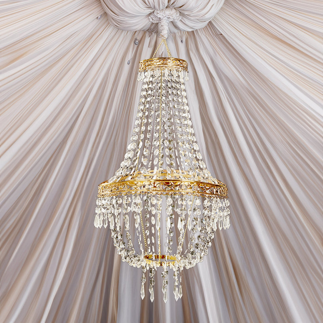 Empire Style Beaded Crystal Chandelier with Gold Ornate Metal Frame, Adjustable Hanging Farmhouse