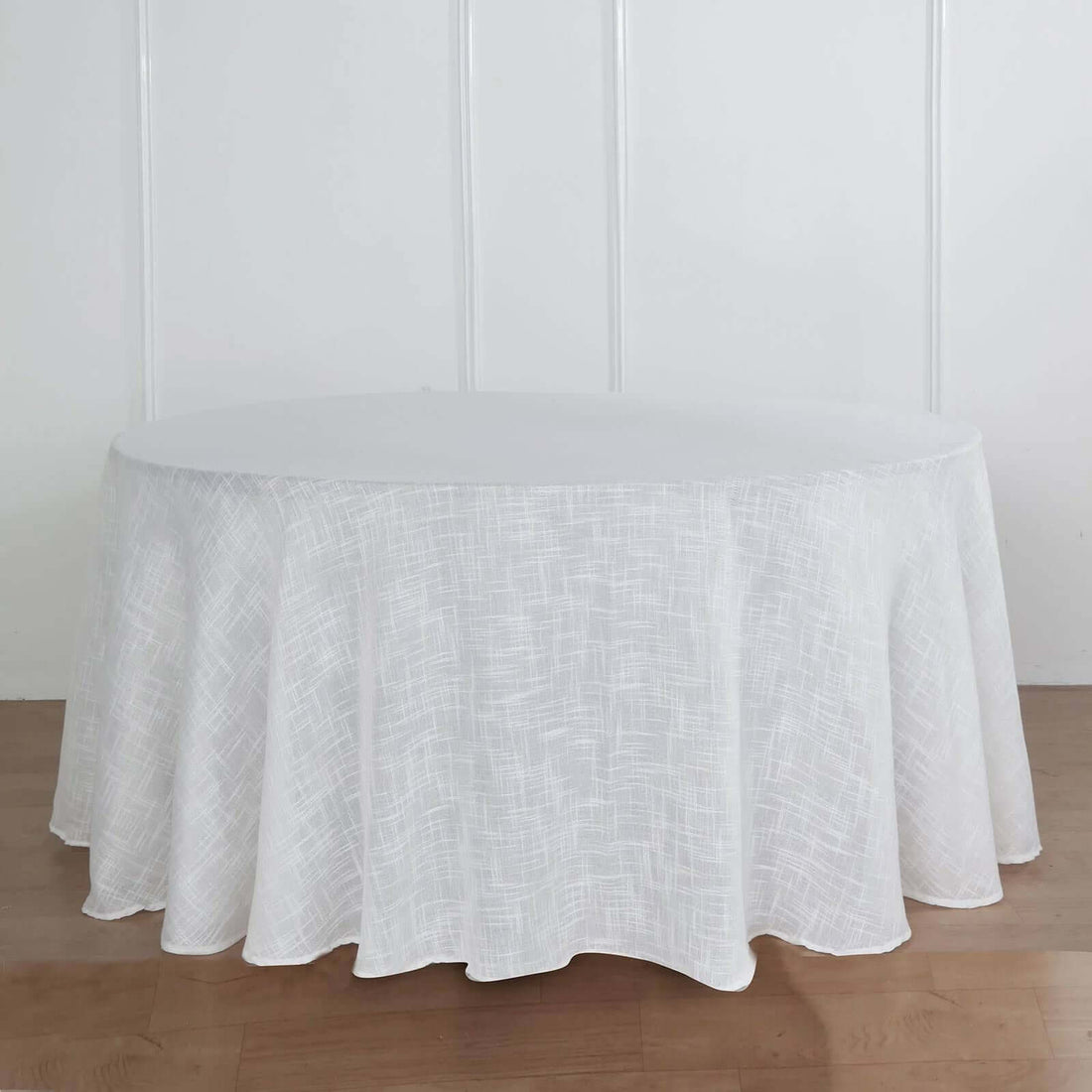 White Linen Wrinkle Resistant Round Tablecloth 120 Inch Slubby Textured 