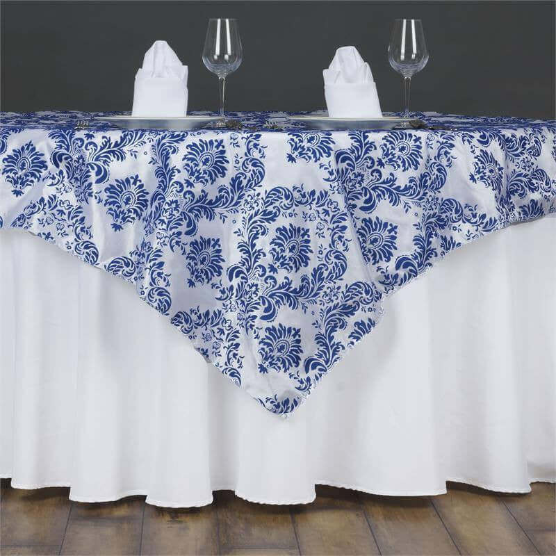 60"x60" Royal Blue Damask Flocking Square Overlay