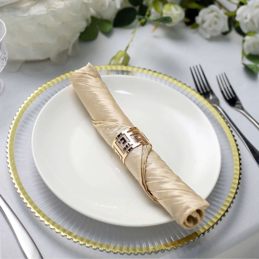 20 Inch x 20 Inch Beige Accordion Crinkle Taffeta Cloth Dinner Napkins 5 Pack