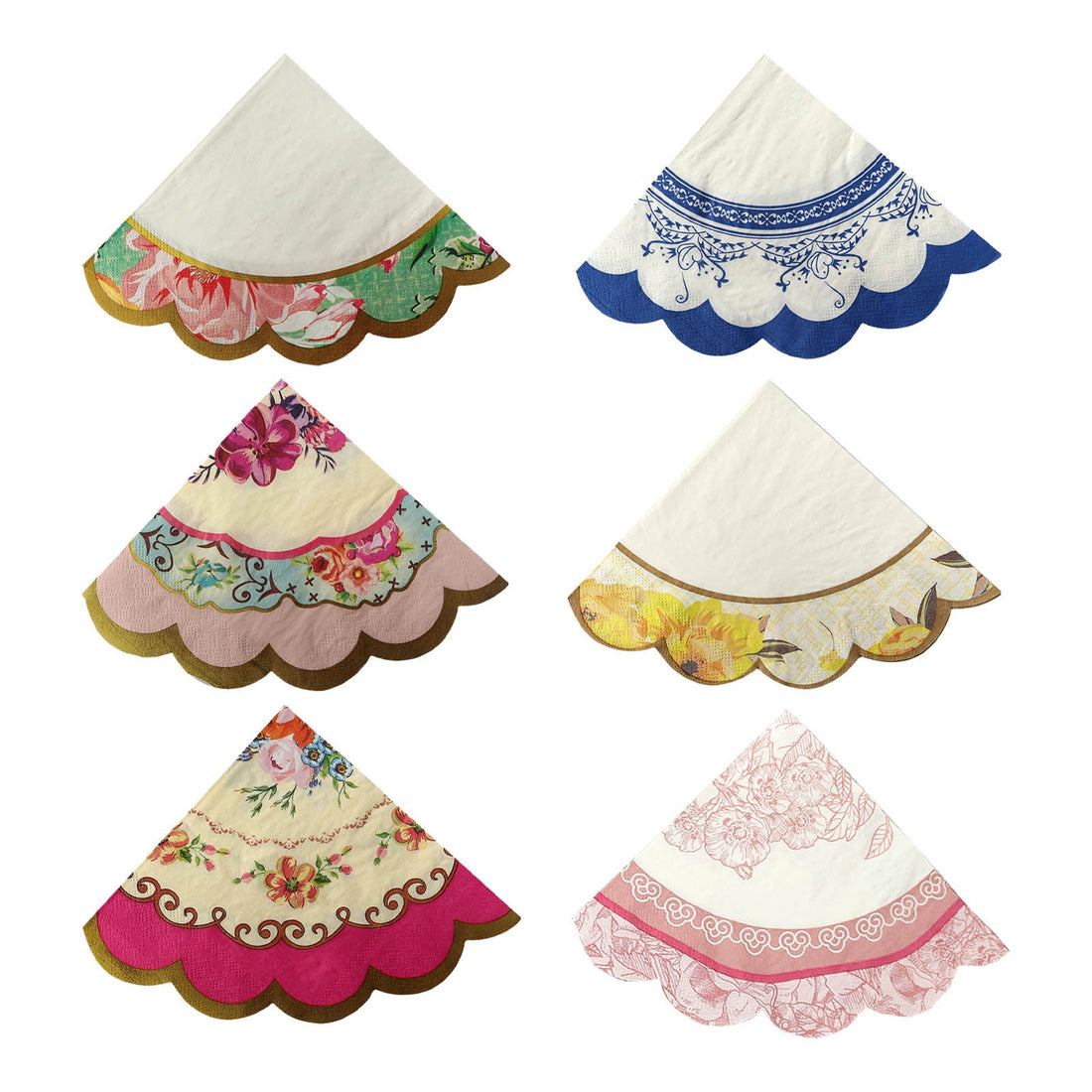 48 Pack Vintage Floral Round Paper Cocktail Napkins with Scalloped Edges, Mixed Design