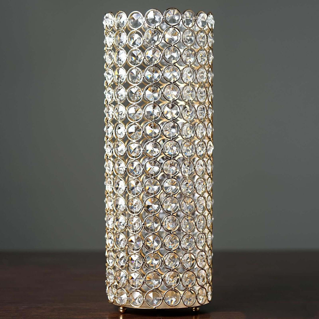 Tall 16 Inch Shiny Metal Full Crystal Beaded Pillar Candle Holder Stand In Gold 