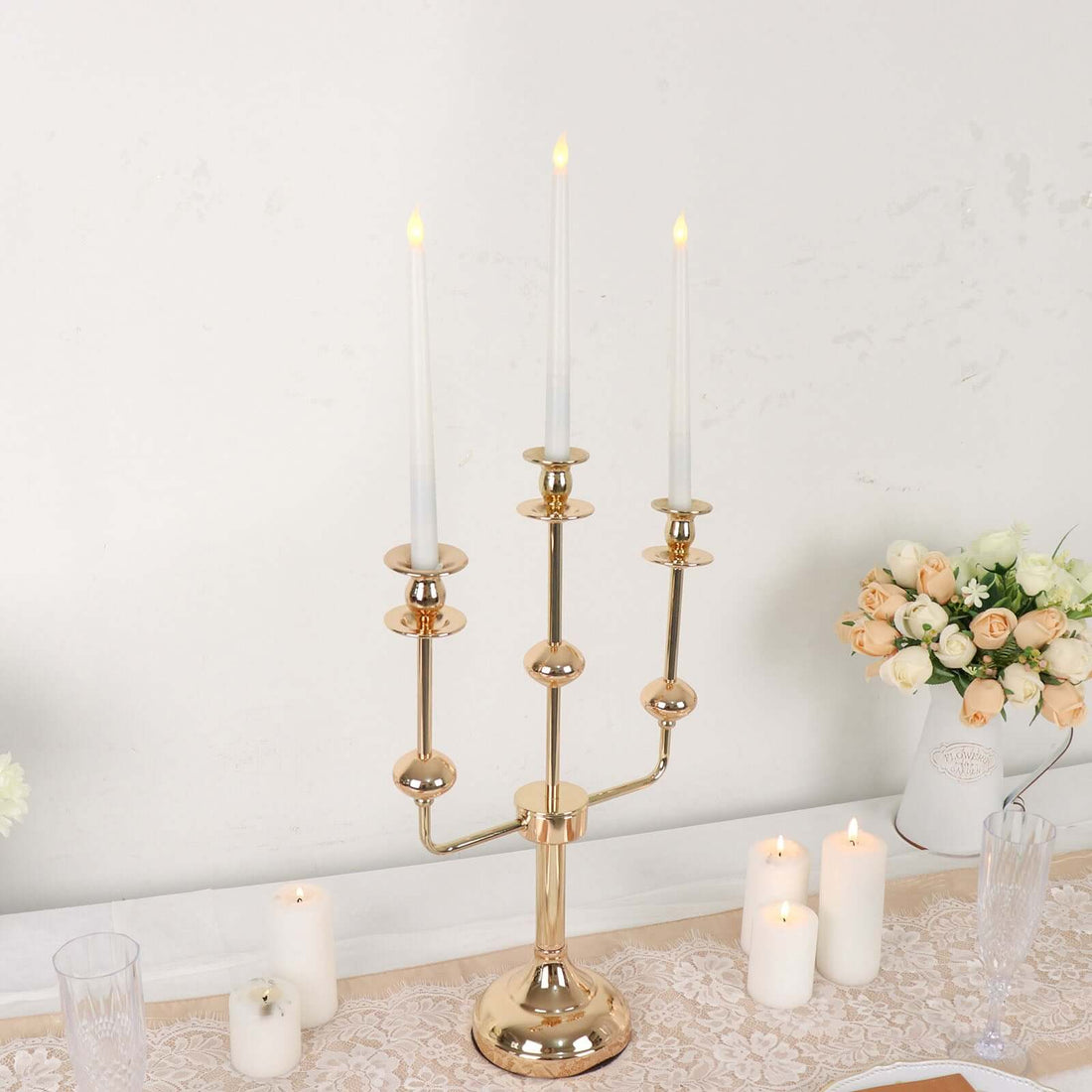 3 Arm Gold Metal Candelabra Table Centerpiece 20 Inch 