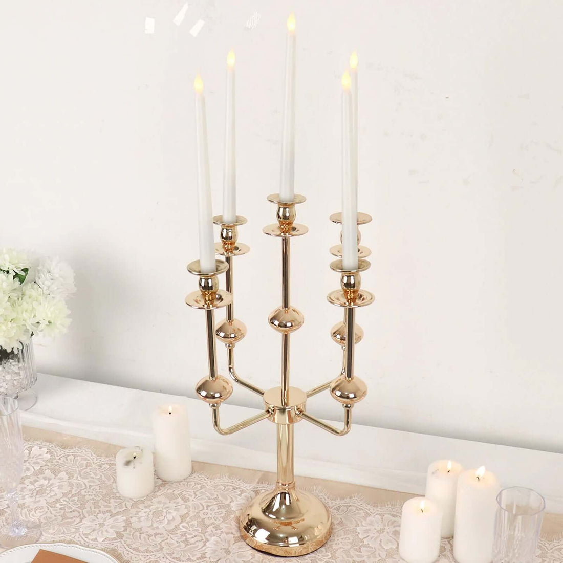 5 Arm Gold Metal Candelabra Table Centerpiece 20 Inch 