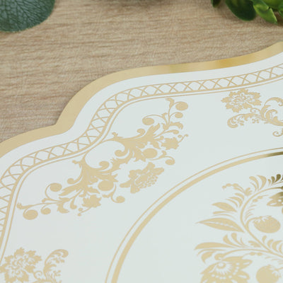 10 Pack Cardboard Paper Placemats with White Gold Damask Floral Pattern, 13" Round Disposable Table Mats with Scalloped Rim - 400 GSM
