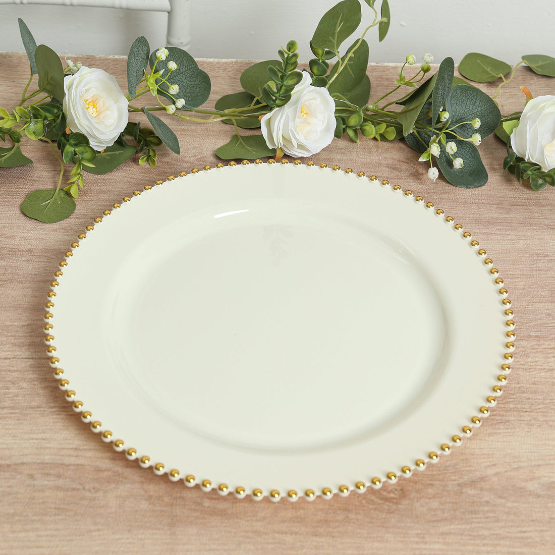 10-Pack Economy Plastic Charger Plates 13" Round Ivory with Gold Beaded Rim - Stylish Dinner Party