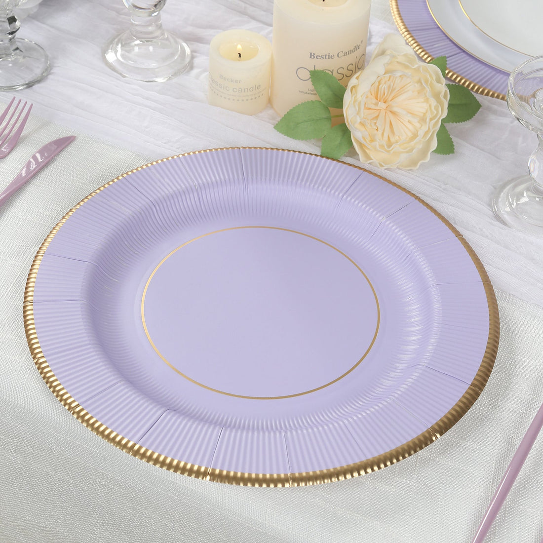 25-Pack Disposable Round Charger Plates 13inch Lavender Lilac Sunray Design with Gold Rim