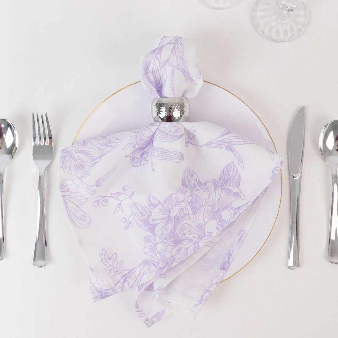 5 Pack Lavender Lilac French Toile Polyester Cloth Napkins 20\"x20\", White Floral Reusable Dinner