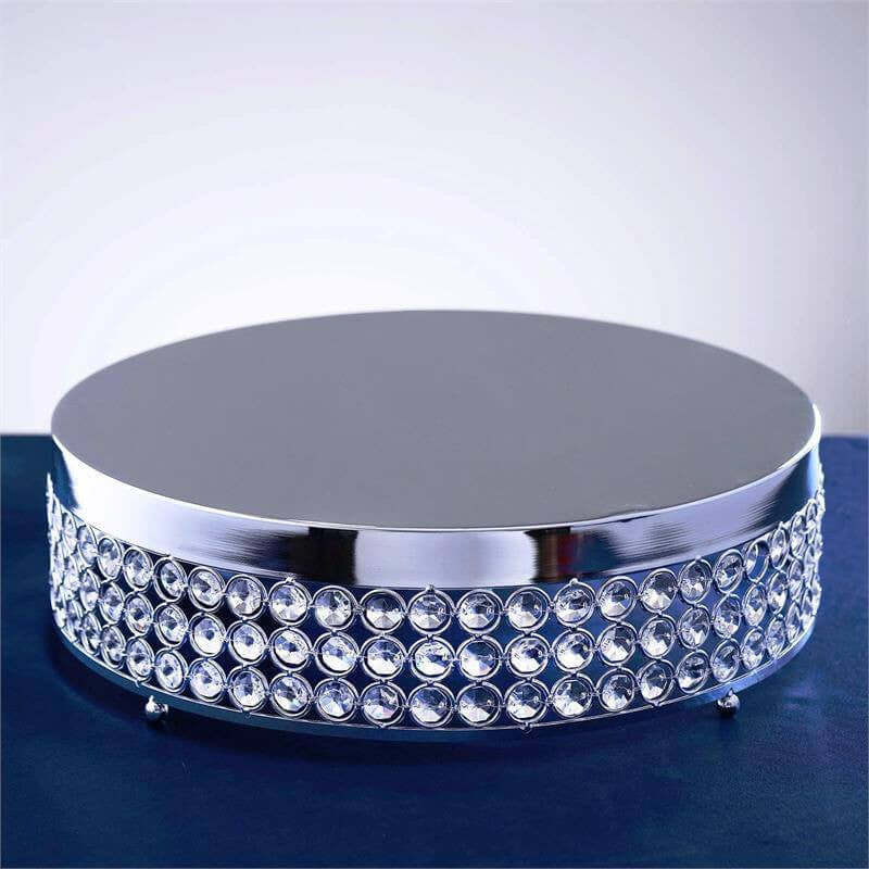 Silver Crystal Beaded Metal Cake Stand Pedestal, Cupcake Display, Dessert Riser - 14inch