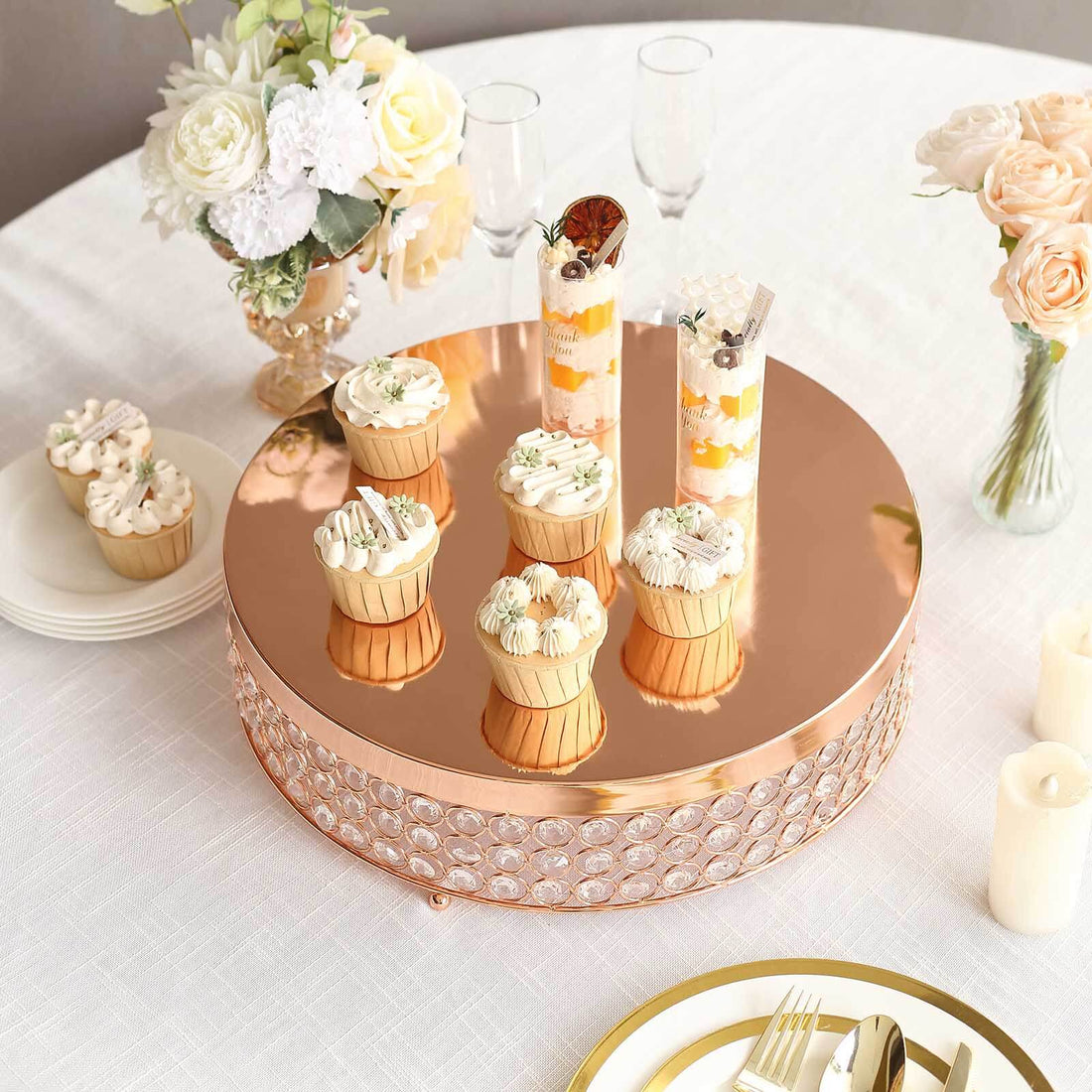Rose Gold Crystal Beaded Metal Cake Stand Pedestal, Cupcake Display, Dessert Riser - 16inch