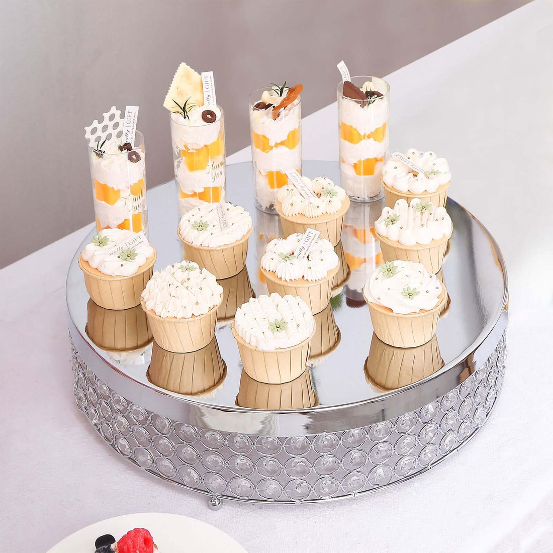 16inch Silver Crystal Beaded Metal Cake Stand Pedestal, Cupcake Display, Dessert Riser