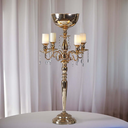 Metal Candelabra 33" 4 Arm Design Gold with Flower Vase Bowl - Table Centerpiece for Weddings