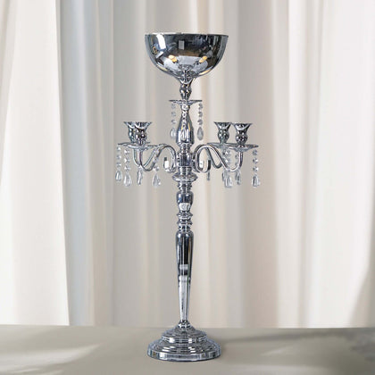 Metal Candelabra 33" 4 Arm Design Silver with Flower Vase Bowl - Table Centerpiece for Weddings