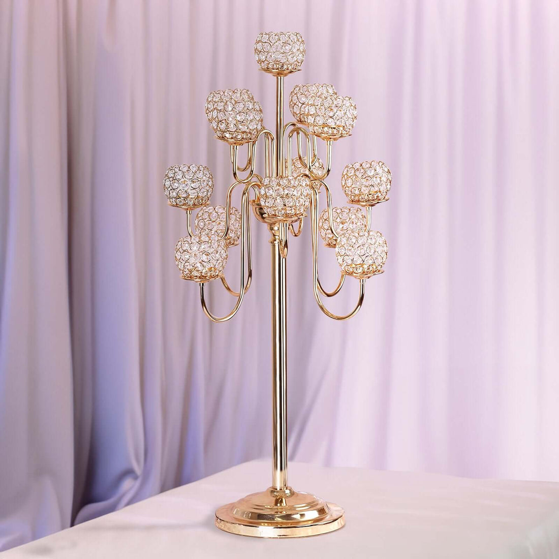 40inch Tall 13 Arm Gold Metal Crystal Beaded Candelabra Candle Holders, Goblet Votive Candle Holders