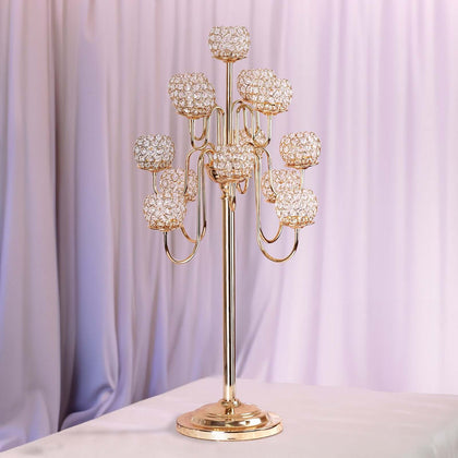 Metal Crystal Beaded Candelabra 40" Gold 13 Arm Design - Table Centerpiece for Events
