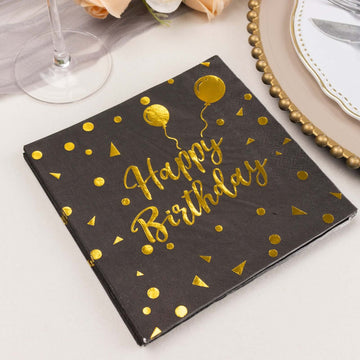 20 Pack Black Gold Happy Birthday Beverage Paper Napkins With Foil Print, Soft 2-Ply Disposable Cocktail Party Napkins 18 GSM