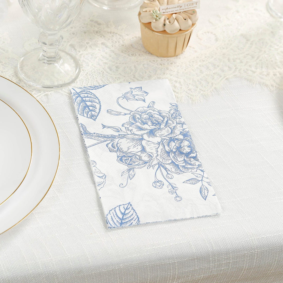50-Pack Paper Dinner Napkins 2-Ply White with Matte Blue French Toile Floral Pattern Soft Disposable
