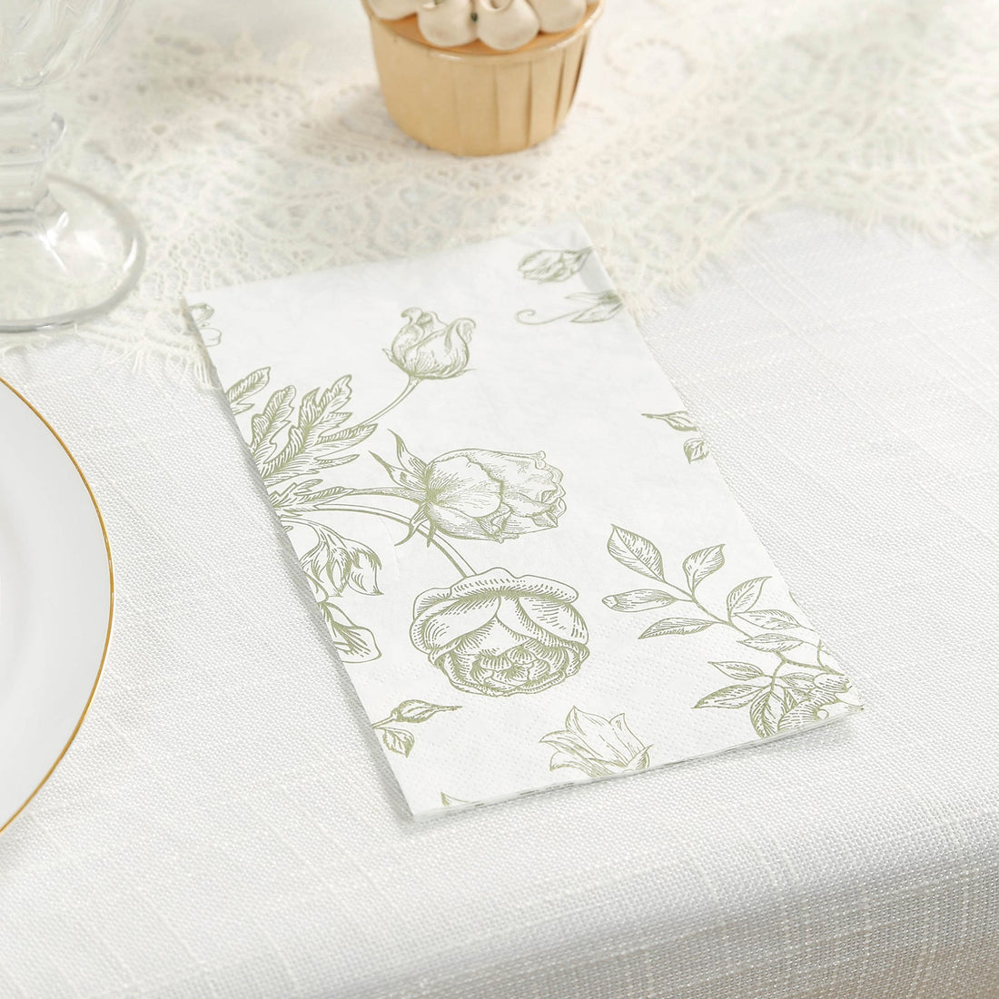 50-Pack Paper Dinner Napkins 2-Ply White with Matte Sage Green French Toile Floral Pattern - Soft