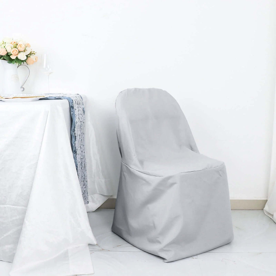 Silver Polyester Folding Chair Cover, Reusable Stain Resistant Slip On Chair Cover