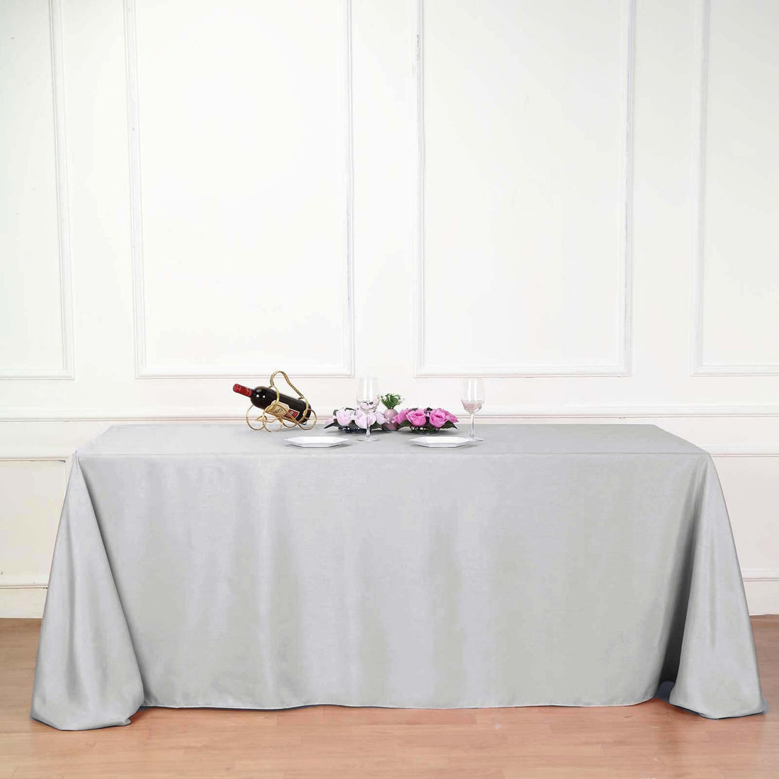 Silver Polyester 90 Inch x 132 Inch Rectangular Tablecloth