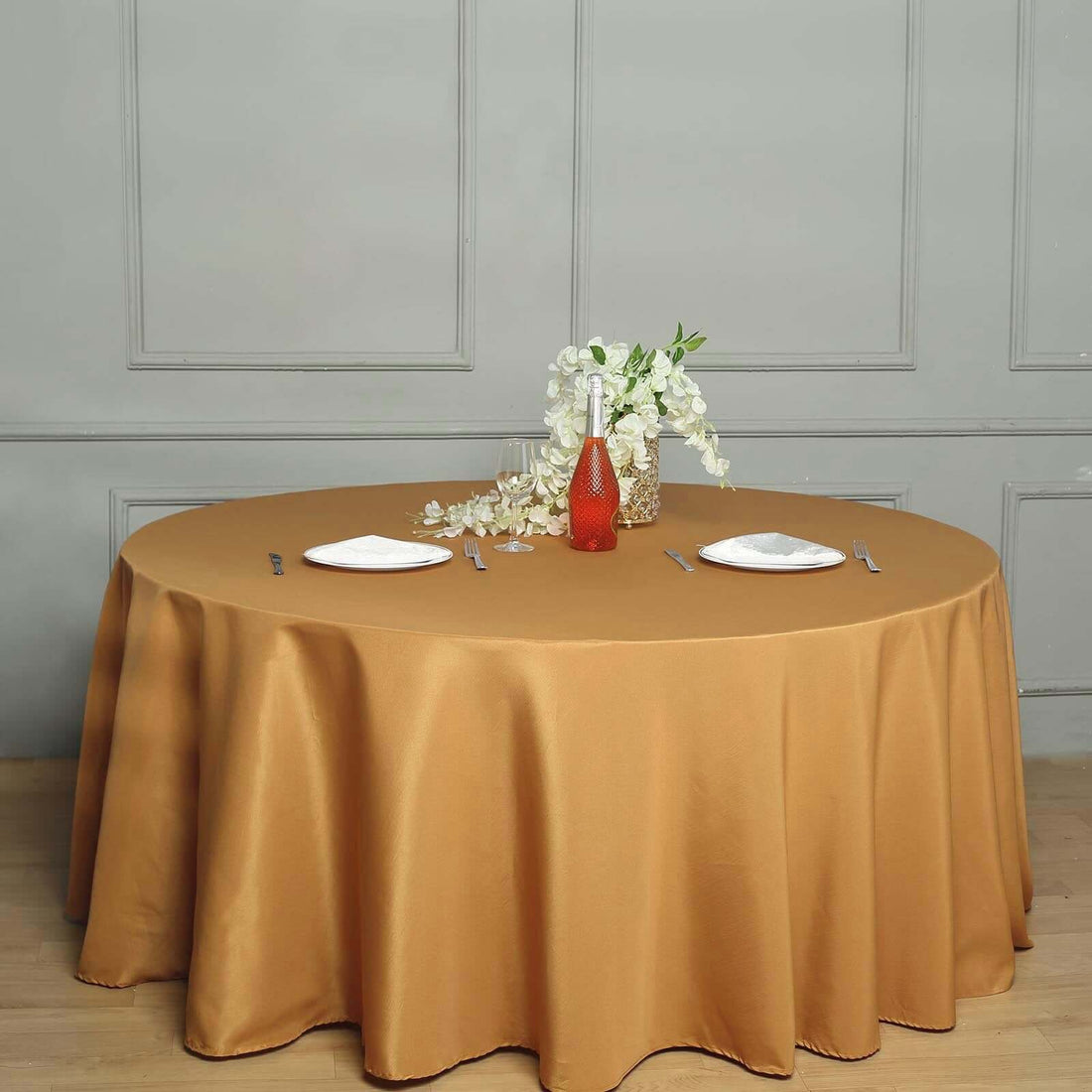 132Inch Gold Seamless Polyester Round Tablecloth