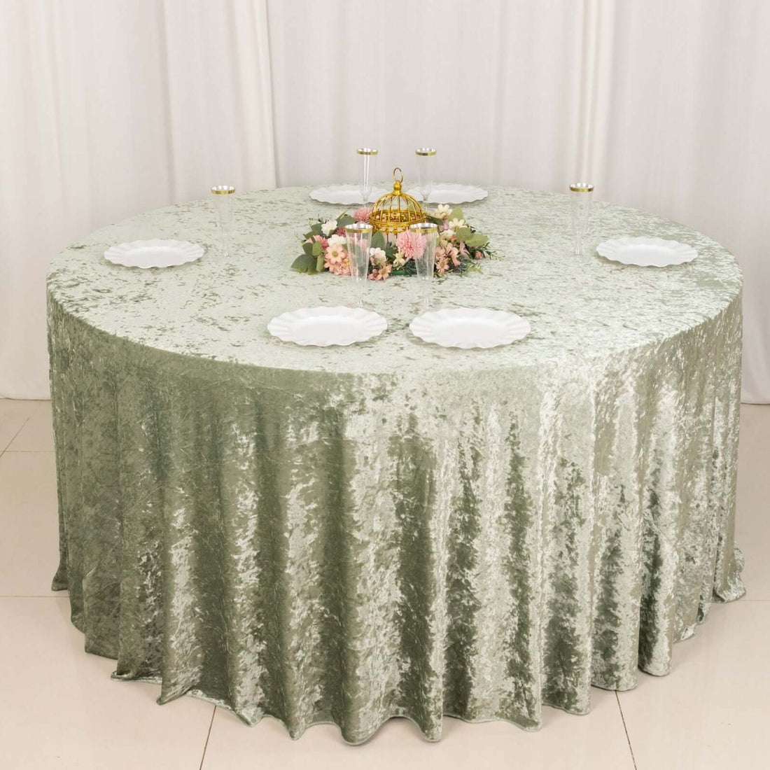 120inch Sage Green Seamless Premium Crushed Velvet Round Tablecloth