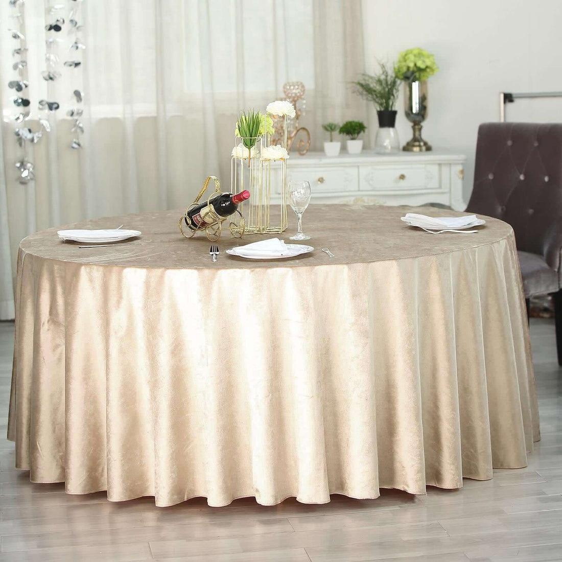 120inch Champagne Seamless Premium Velvet Round Tablecloth, Reusable Linen