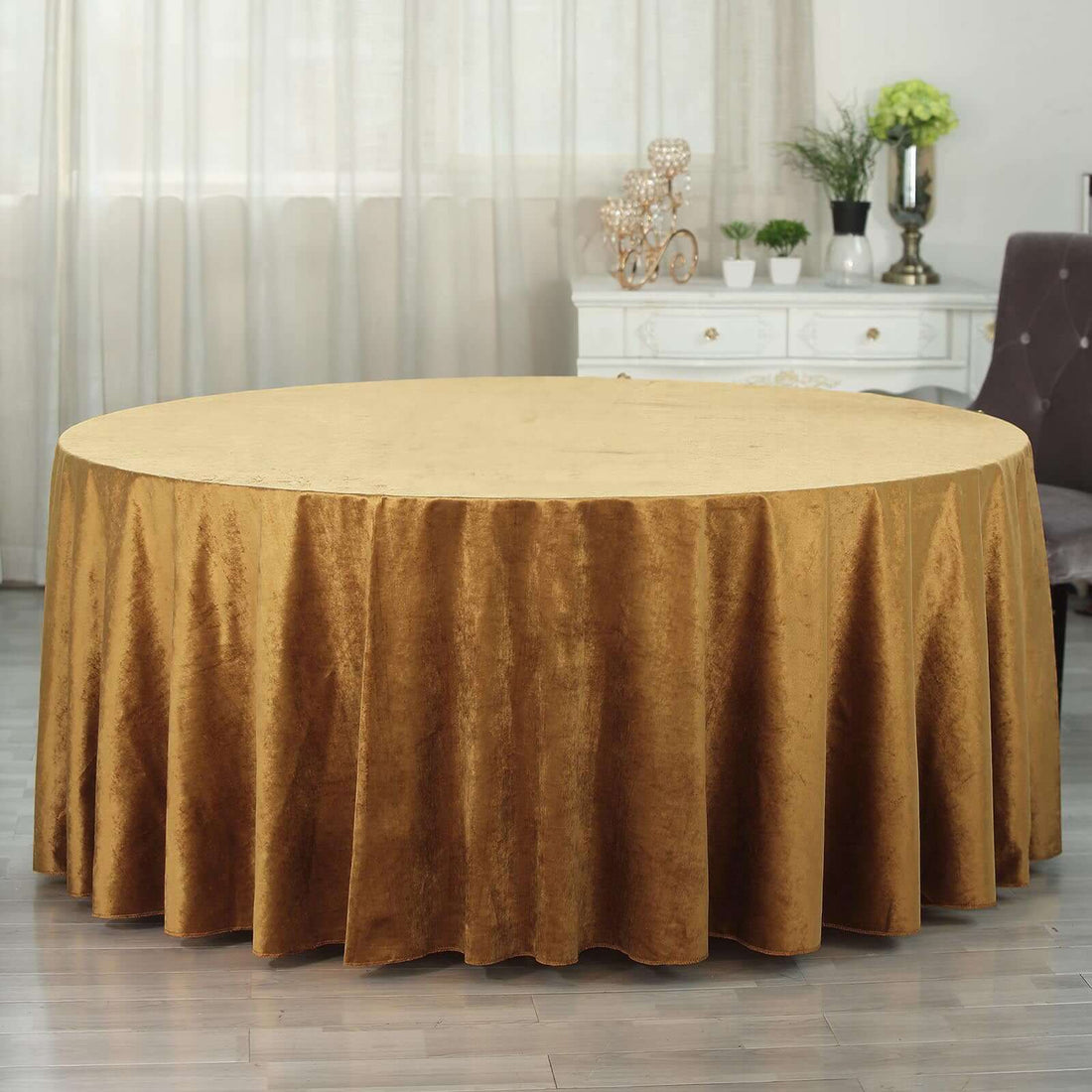Premium Velvet Round Tablecloth 120" Gold - Seamless Soft & Upscale Reusable Table Cover