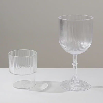 12-Pack Clear Plastic Wine Glasses 9oz, Vintage Ribbed Pattern - Reusable Shatterproof Goblets