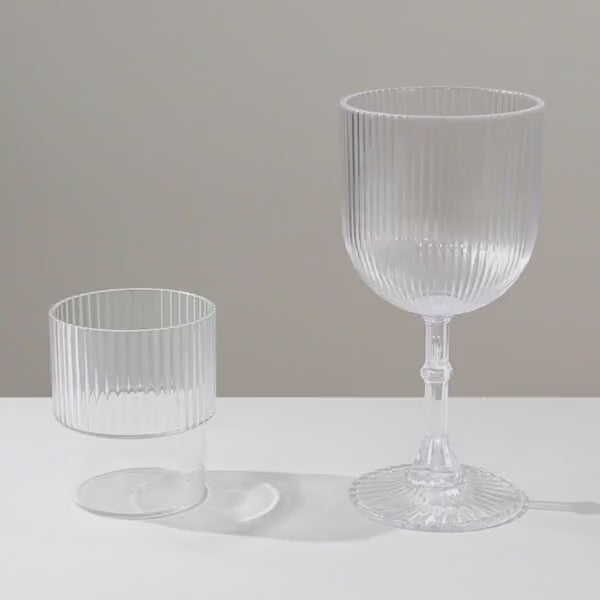 12 Pack Clear Reusable Plastic Wine Glasses with Vintage Ribbed Pattern