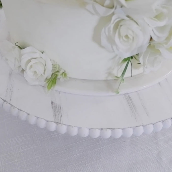Wooden Pedestal Cake Stand 18\" – Antique White Beaded Riser, Rustic Wood Slice or Cupcake Display